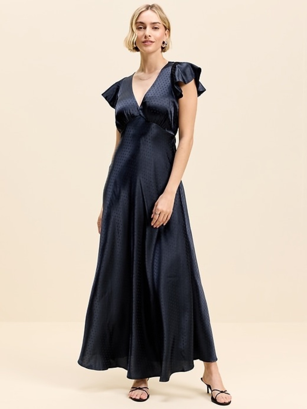 Old Navy Deep Navy Satin V‑Neck Maxi Dress with Flutter Sleeves